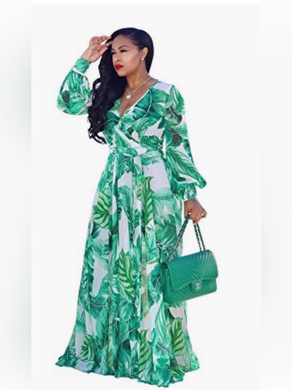Tropical Green Leaf Wrap Maxi Dress - Women